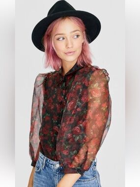 Blashe Sheer Black Floral Button-Front Blouse